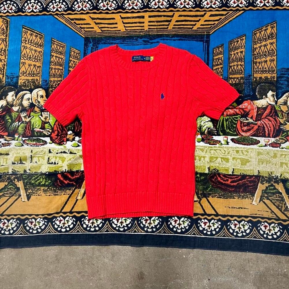 Ralph Lauren red cable rope knit short sleeve sweater Women’s size medium preppy